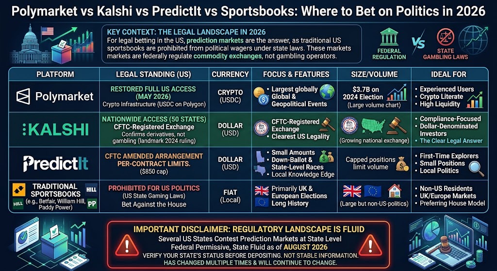 Comparison table: Polymarket vs Kalshi vs PredictIt vs Sportsbooks for political betting in 2026